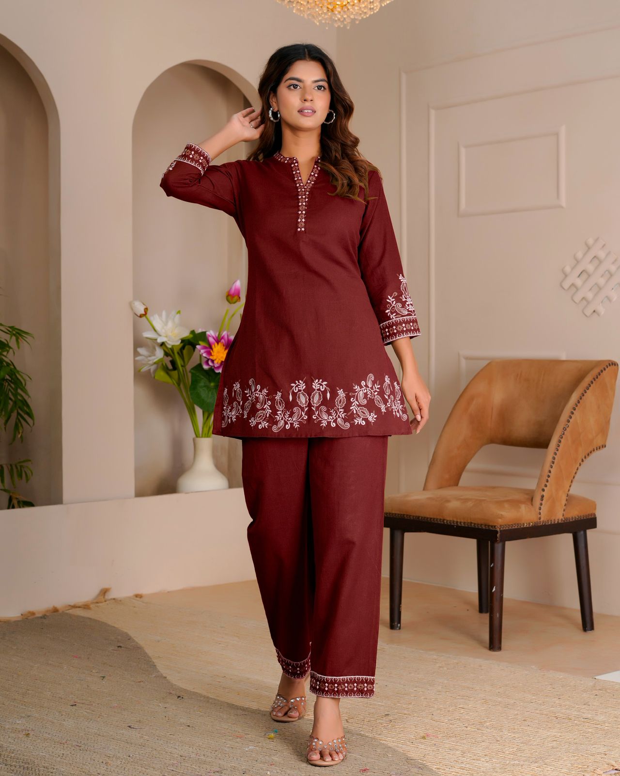 Maroon Whisper Cotton Flex Embroidery Co-ord Set