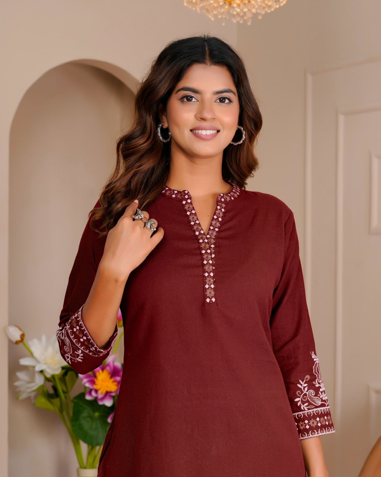Maroon Whisper Cotton Flex Embroidery Co-ord Set