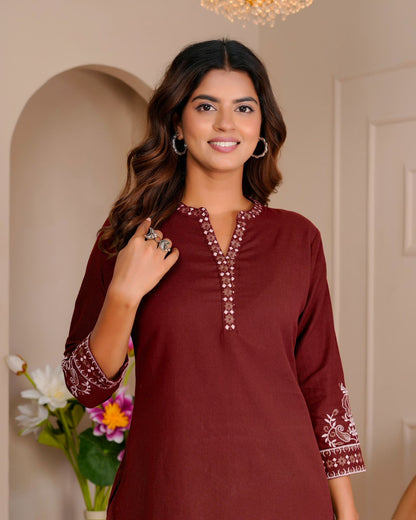 Maroon Whisper Cotton Flex Embroidery Co-ord Set
