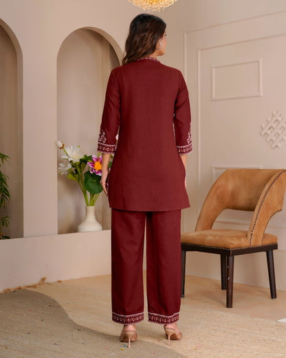 Maroon Whisper Cotton Flex Embroidery Co-ord Set