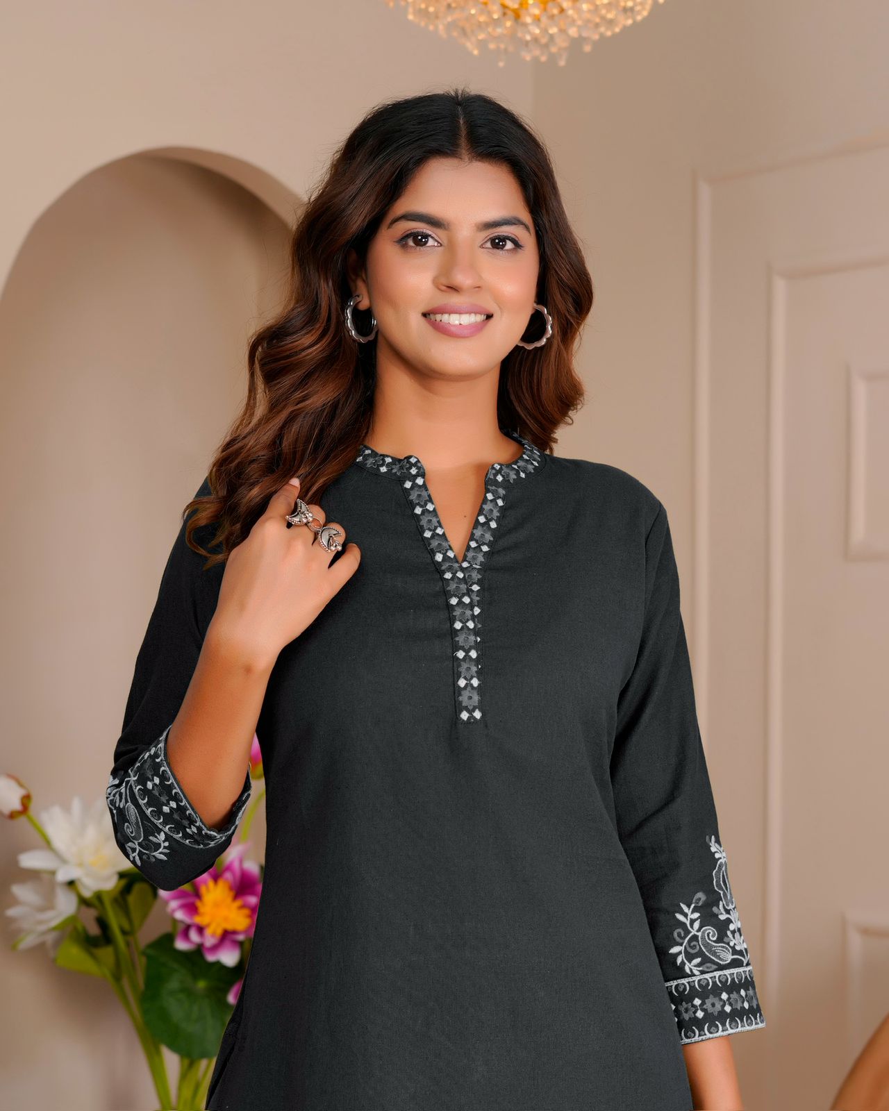 Black Whisper Cotton Flex Embroidery Co-ord Set