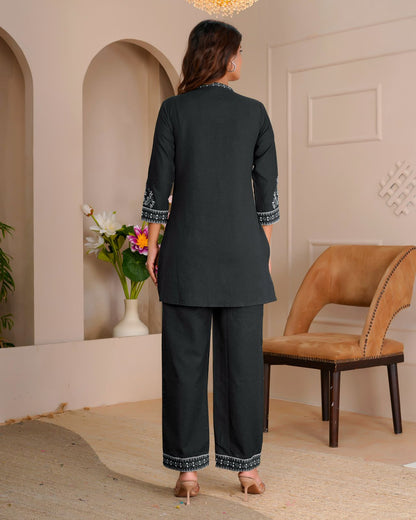 Black Whisper Cotton Flex Embroidery Co-ord Set
