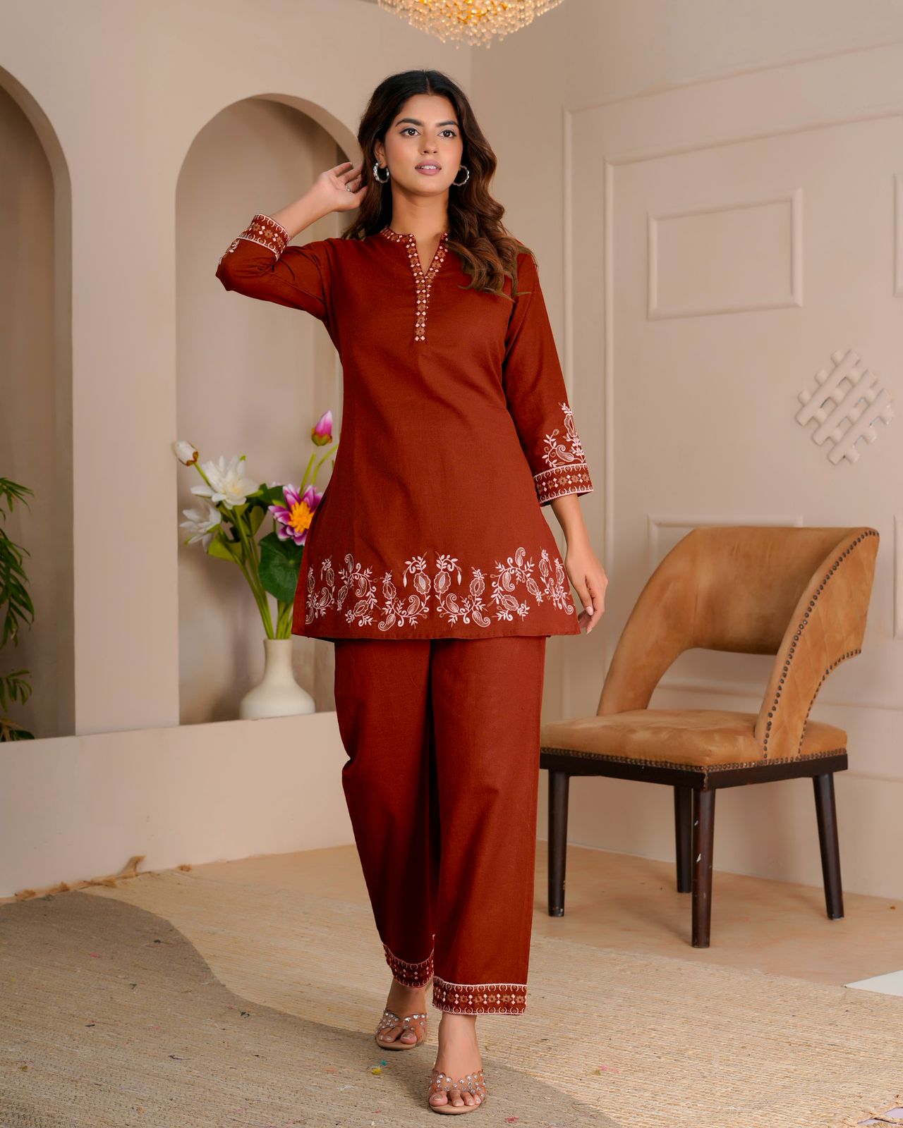 Rust Whisper Cotton Flex Embroidery Co-ord Set