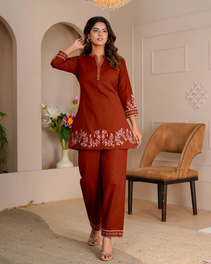 Rust Whisper Cotton Flex Embroidery Co-ord Set