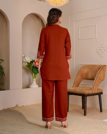 Rust Whisper Cotton Flex Embroidery Co-ord Set