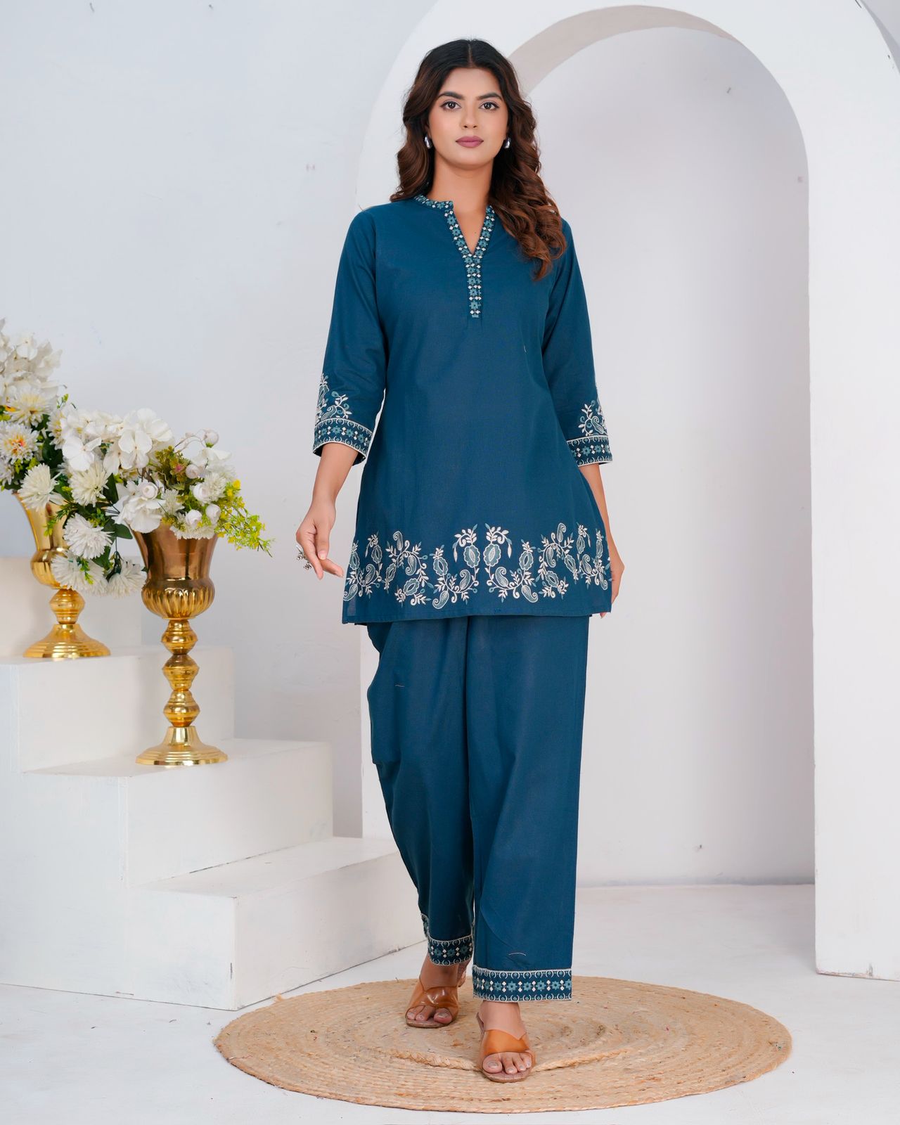 Blue Whisper Cotton Flex Embroidery Co-ord Set