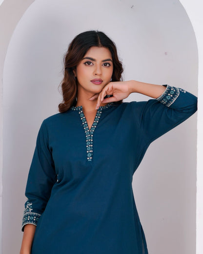 Blue Whisper Cotton Flex Embroidery Co-ord Set