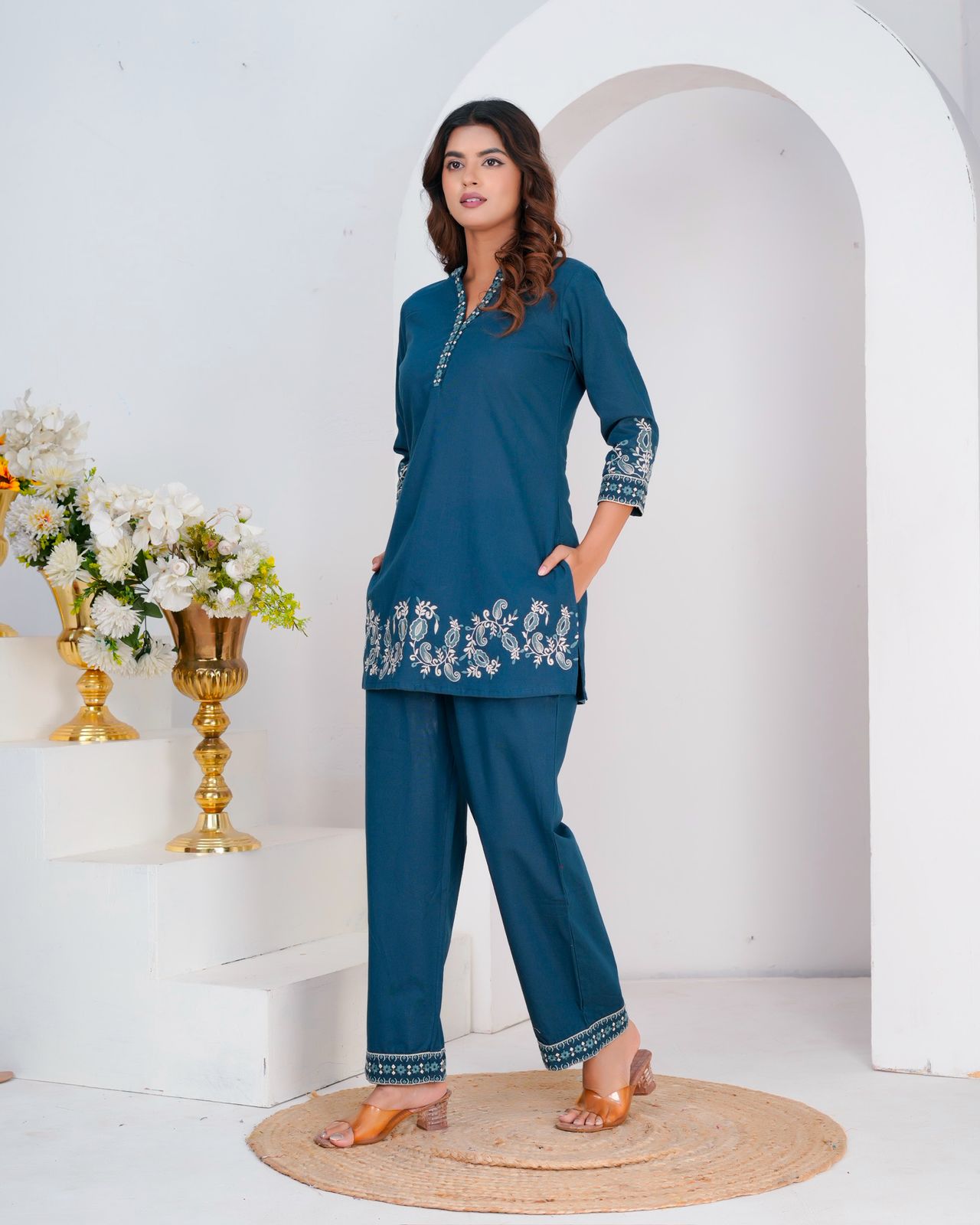 Blue Whisper Cotton Flex Embroidery Co-ord Set