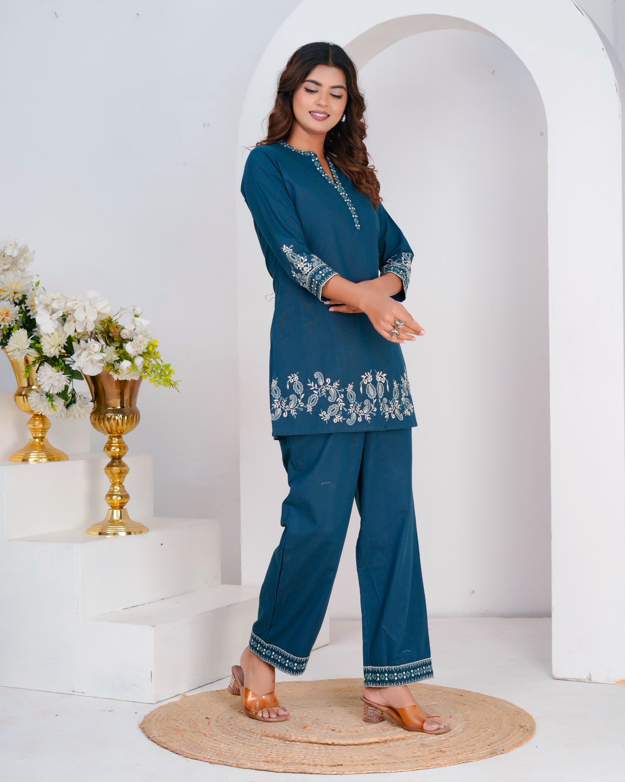 Blue Whisper Cotton Flex Embroidery Co-ord Set