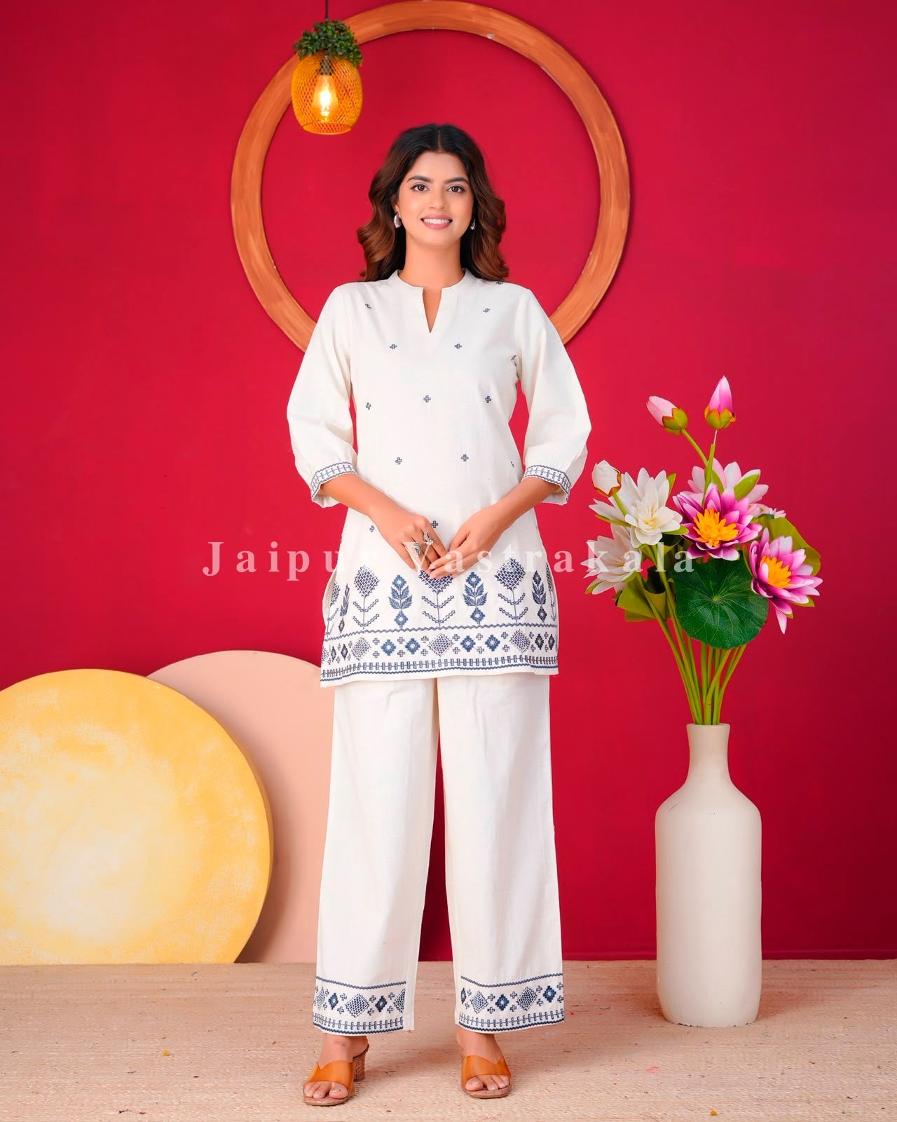 White Geometrical Buds Embroidery Sleeveless Co-ord Set