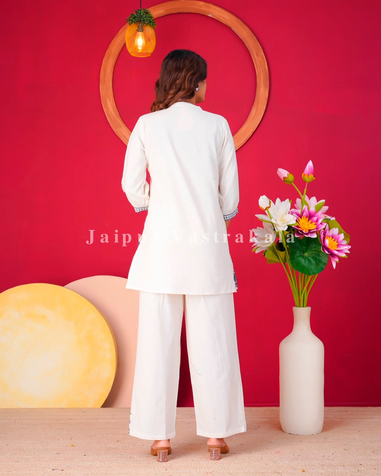 White Geometrical Buds Embroidery Sleeveless Co-ord Set