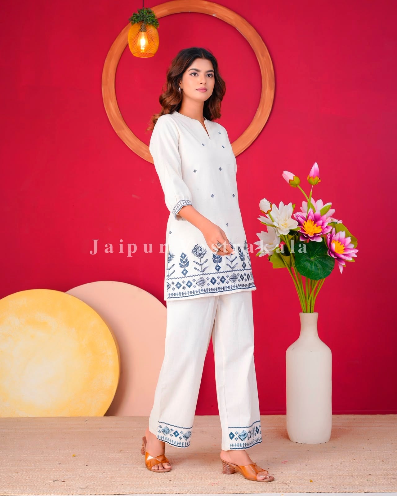White Geometrical Buds Embroidery Sleeveless Co-ord Set