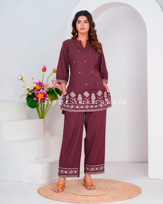 Coffee Geometrical Buds Embroidery Sleeveless Co-ord Set