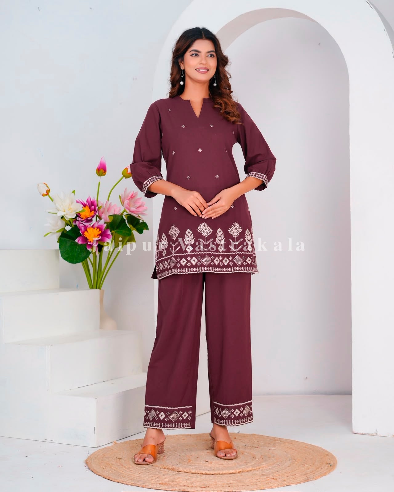 Coffee Geometrical Buds Embroidery Sleeveless Co-ord Set
