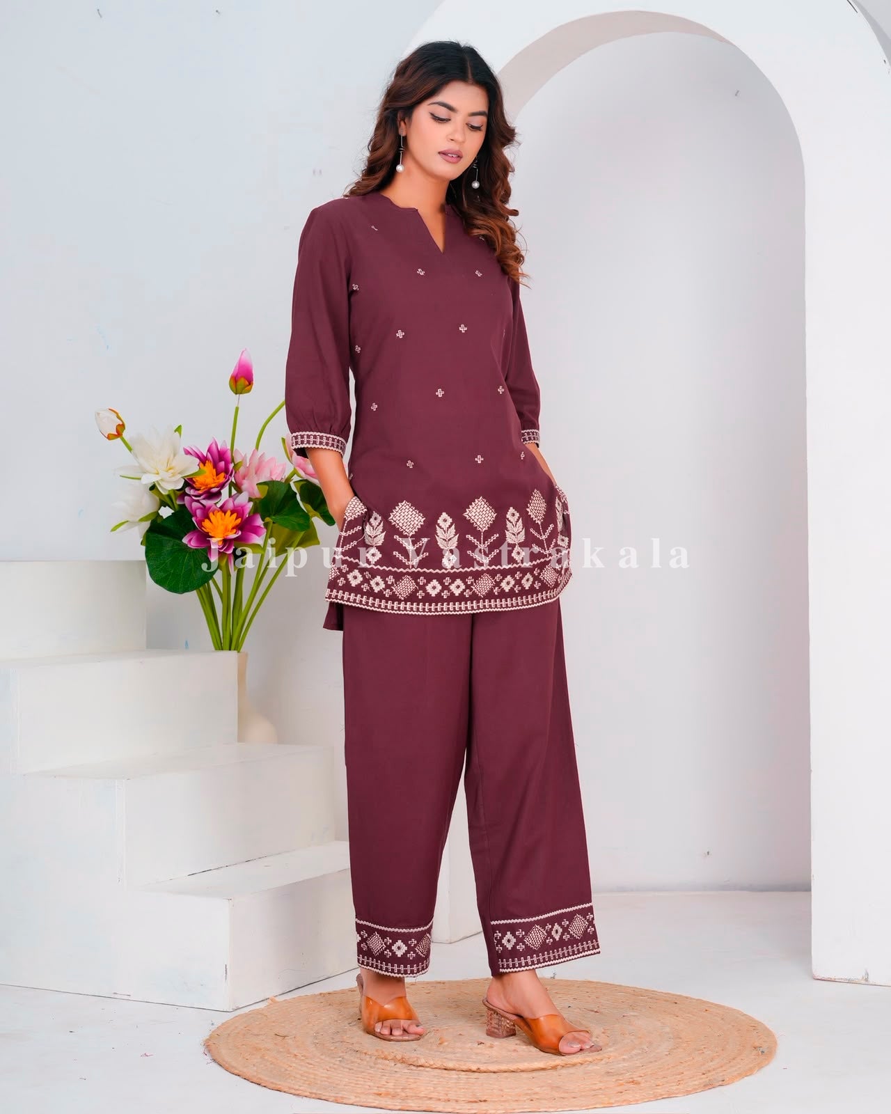 Coffee Geometrical Buds Embroidery Sleeveless Co-ord Set