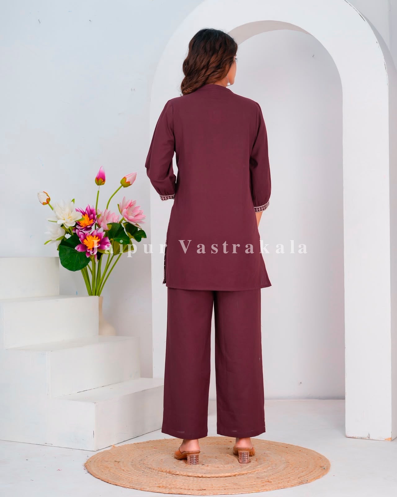Coffee Geometrical Buds Embroidery Sleeveless Co-ord Set