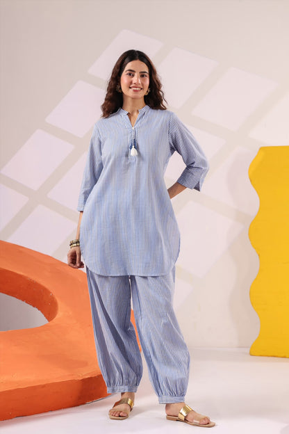 Slate Blue Stripes South Cotton Co-ord Set