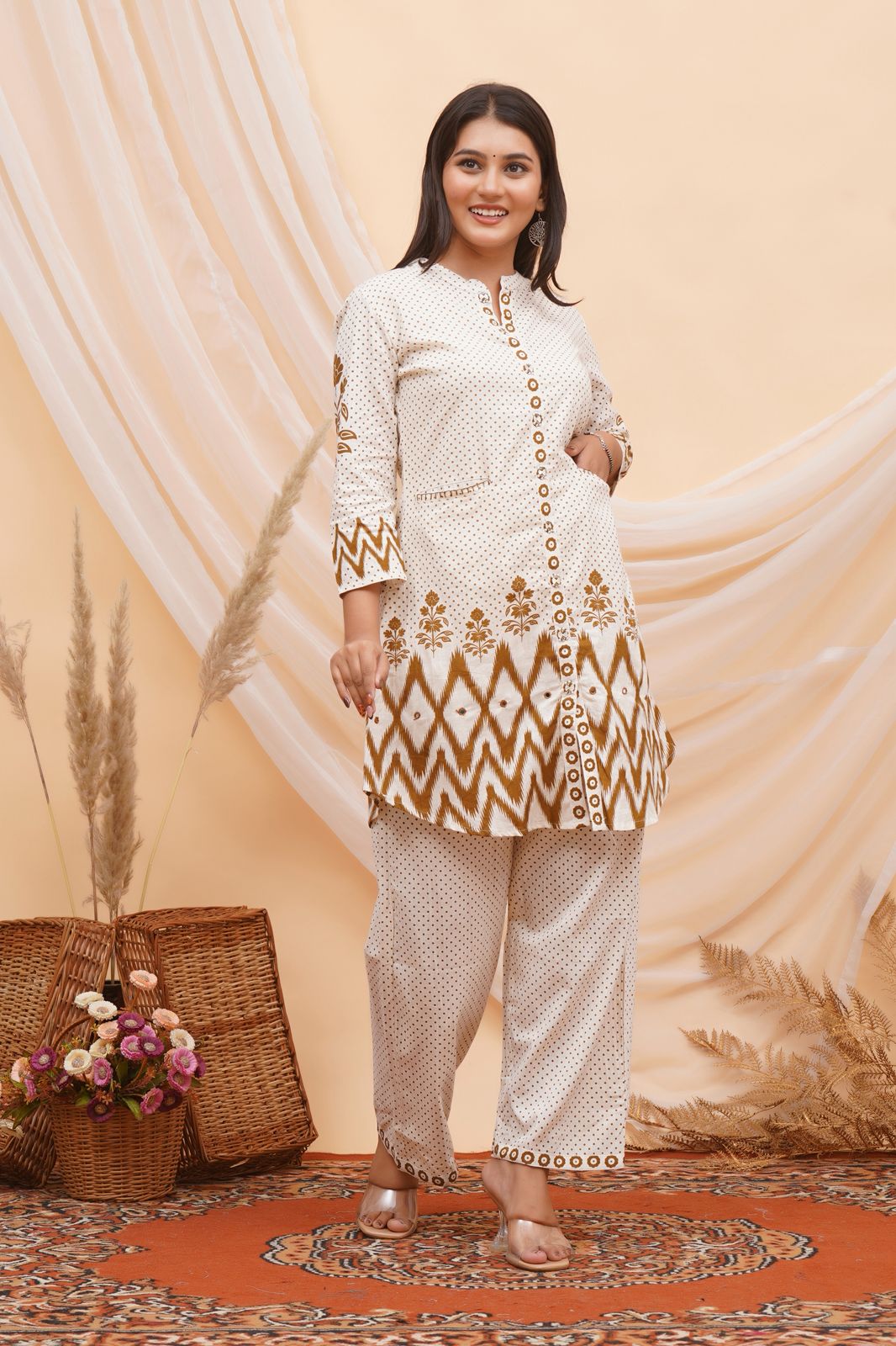 Brown Polka Ikkat Flex Cotton Co-ord Set