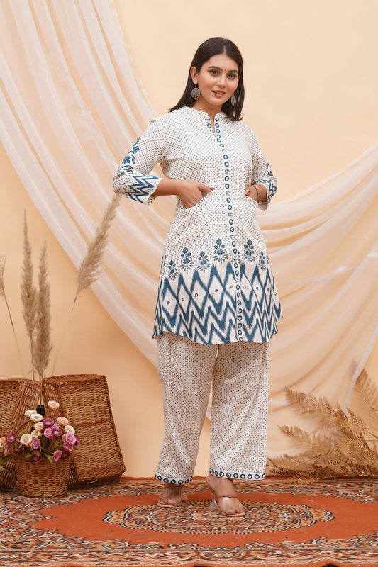 Blue Polka Ikkat Flex Cotton Co-ord Set