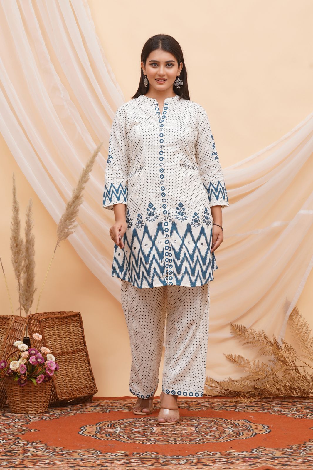 Blue Polka Ikkat Flex Cotton Co-ord Set