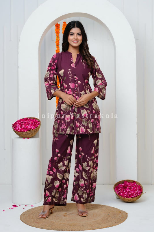 Wine Tulip Garden Cotton Co-ord Set