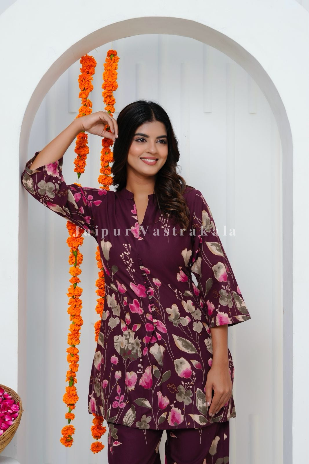 Wine Tulip Garden Cotton Co-ord Set