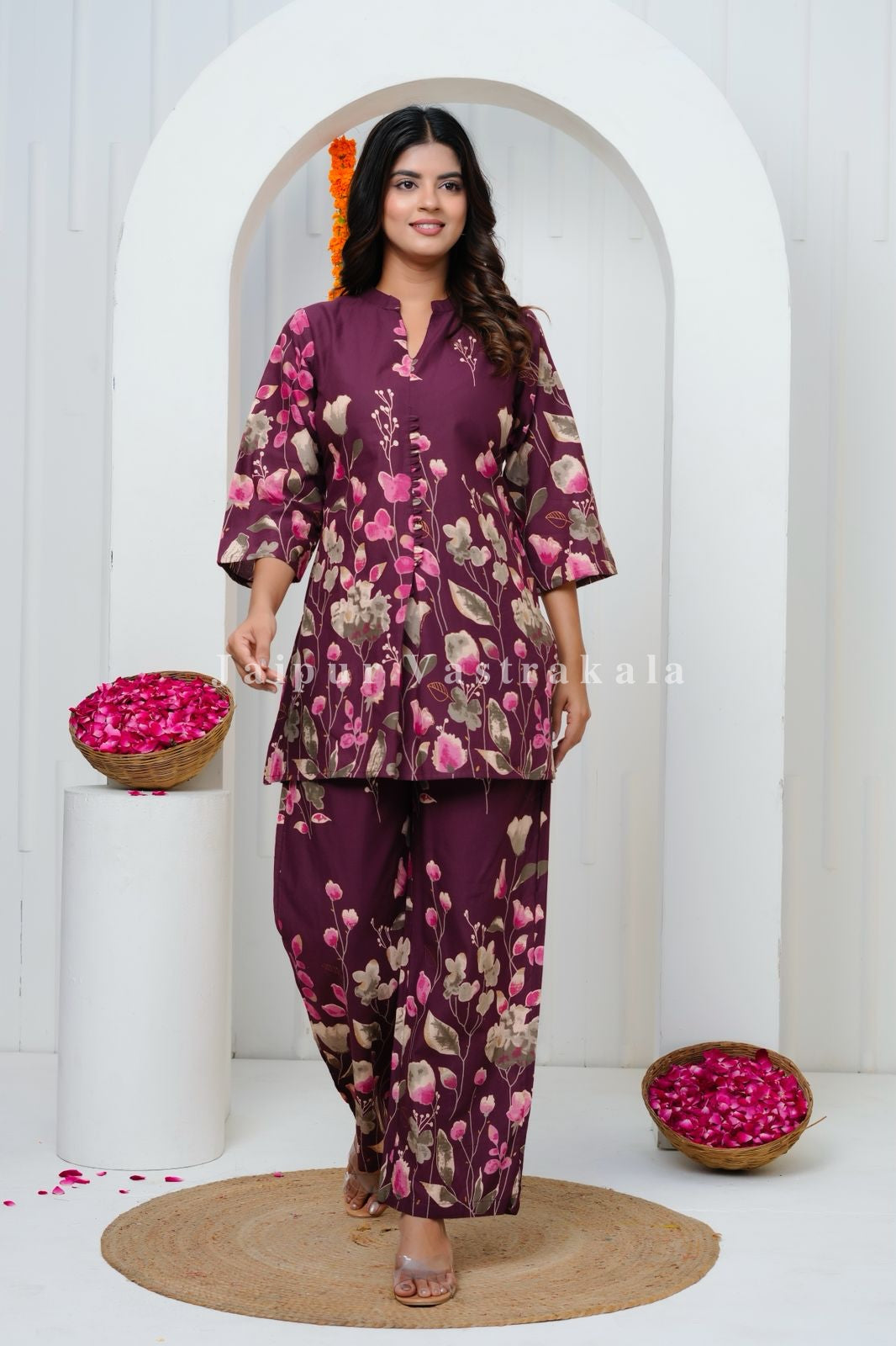 Wine Tulip Garden Cotton Co-ord Set