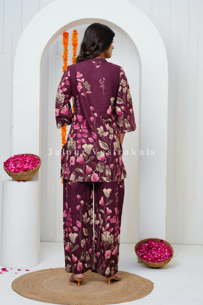 Wine Tulip Garden Cotton Co-ord Set