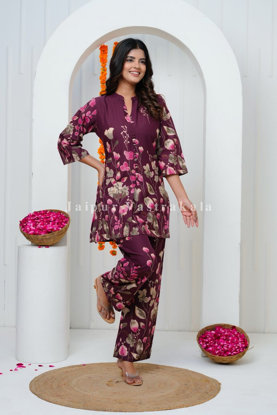Wine Tulip Garden Cotton Co-ord Set
