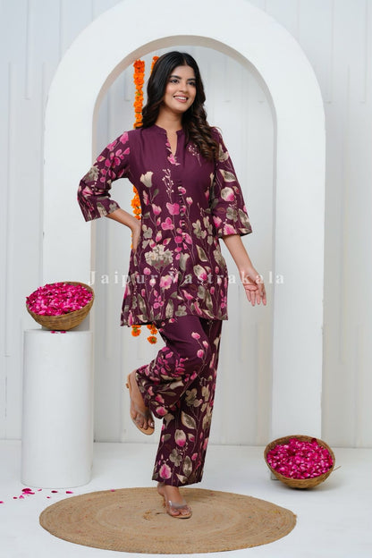 Wine Tulip Garden Cotton Co-ord Set