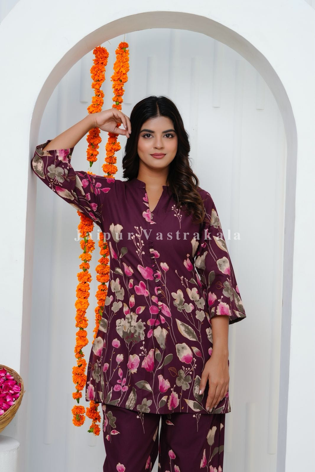 Wine Tulip Garden Cotton Co-ord Set