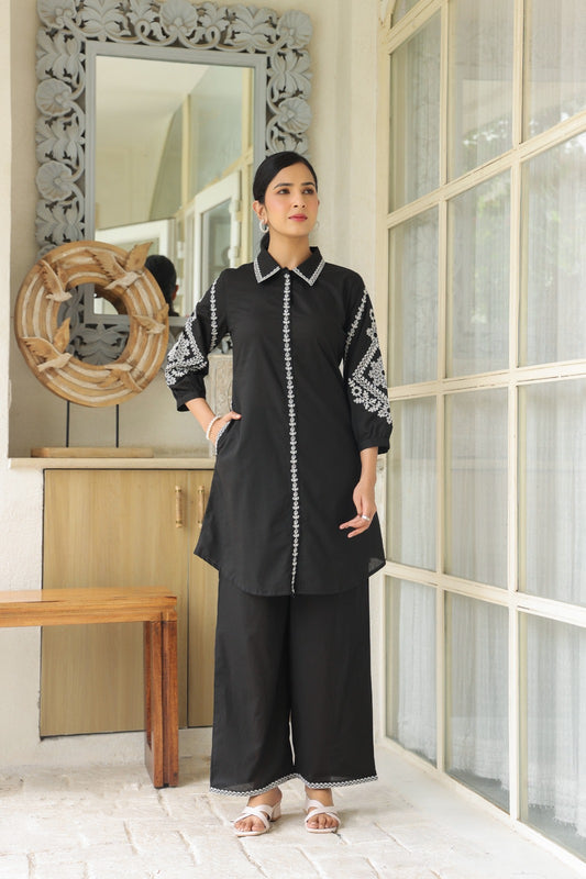 Black Petals Embroidery Cotton Co-ord Set