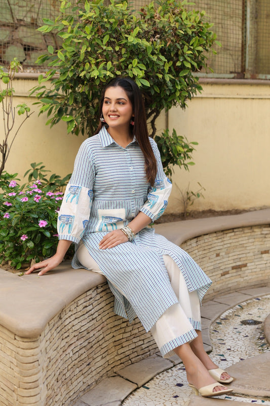Blue Azure Boota Stripe Kurta Co-ord