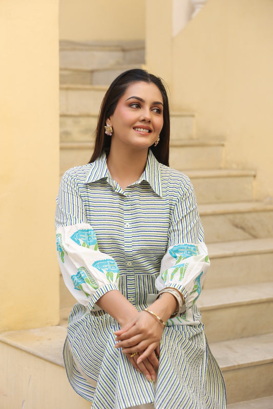Blue Green Boota Stripe Kurta Co-ord