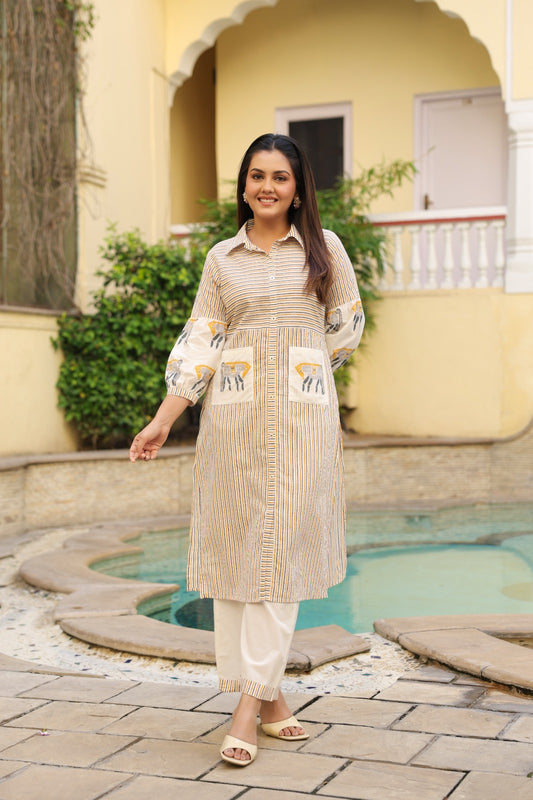 Mustard Gray Boota Stripe Kurta Co-ord