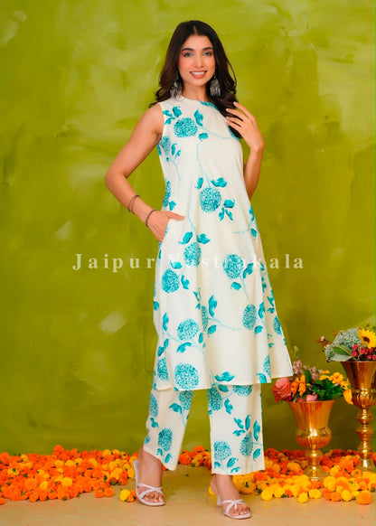 Azure Whispers Sleeveless Kurti Pant Coord