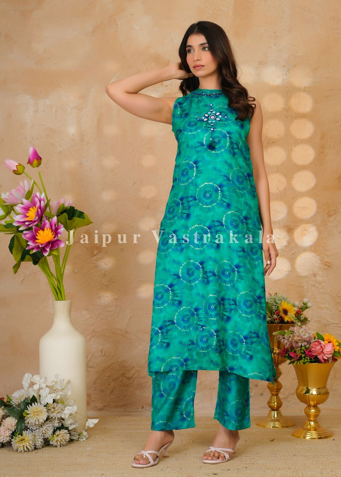 Marble Green Muslin Sleeveless Kurta Coord