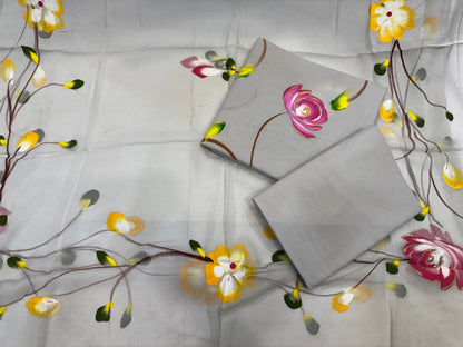 Hand Brush Painted Cotton Suit with Chiffon Duppata