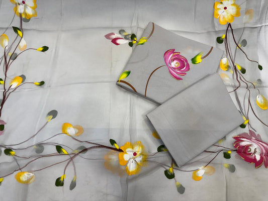Hand Brush Painted Cotton Suit with Chiffon Duppata