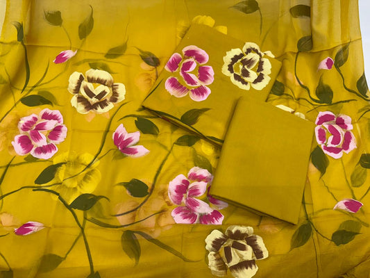 Hand Brush Painted Cotton Suit with Chiffon Duppata