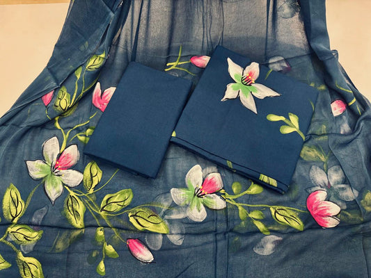 Hand Brush Painted Cotton Suit with Chiffon Duppata