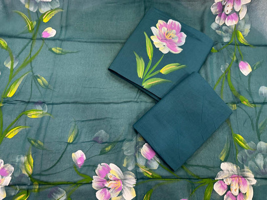 Hand Brush Painted Cotton Suit with Chiffon Duppata