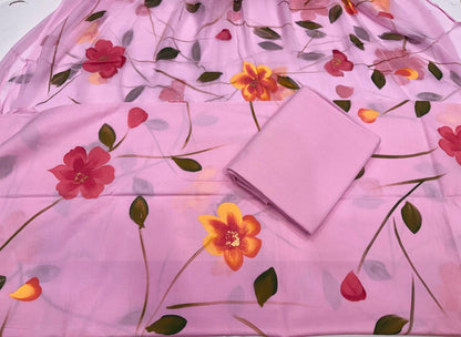 Hand Brush Painted Cotton Suit with Chiffon Duppata