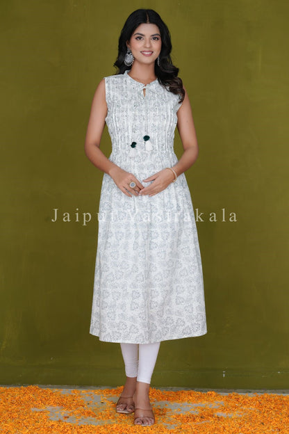 Ivory Leaves Sleeveless Cotton A-line Kurti