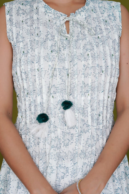 Ivory Leaves Sleeveless Cotton A-line Kurti