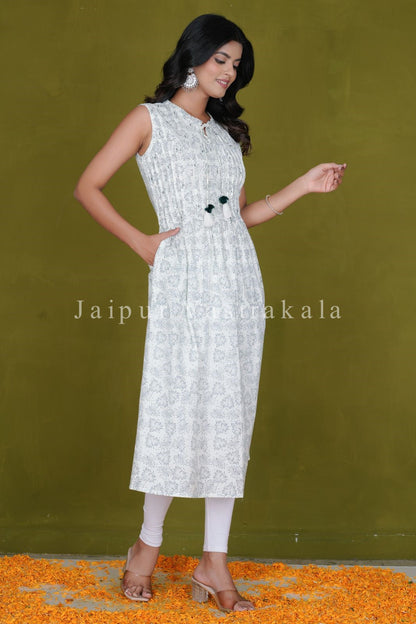 Ivory Leaves Sleeveless Cotton A-line Kurti