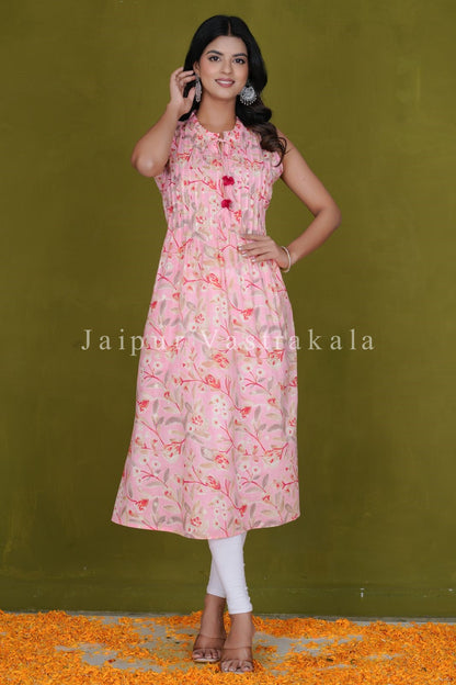 Pink Canopy Sleeveless Cotton A-line Kurti
