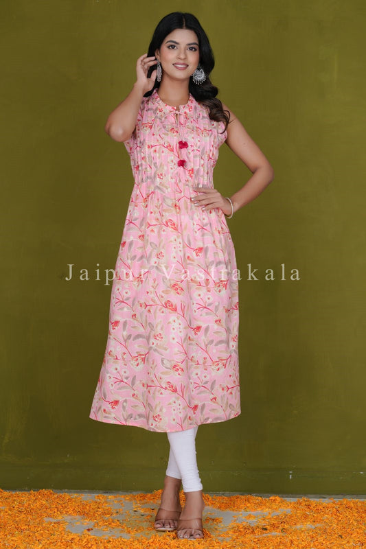Pink Canopy Sleeveless Cotton A-line Kurti