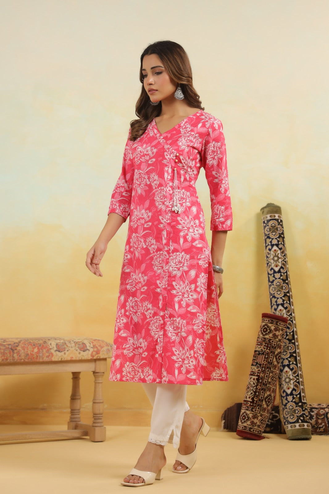 Pink Blooms Angrakha Kurti