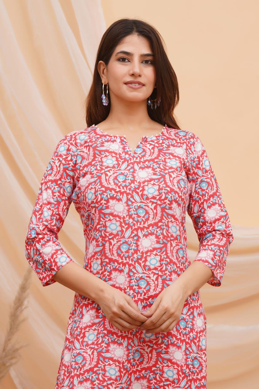 Rosy Red Vines Mirror Embroidery Kurti